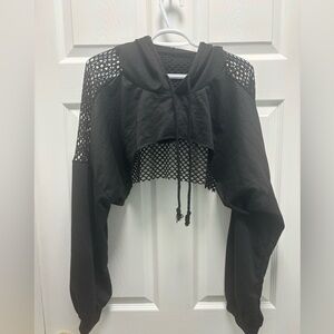 Black Mesh Detailed SHEIN Cropped Hoodie Long Sleeve